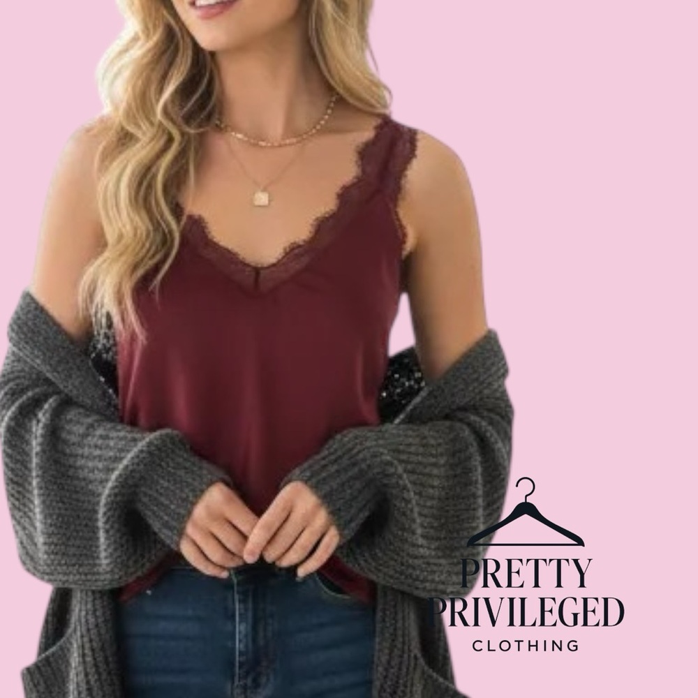 Burgundy Devoted Lace Trim Tank Top